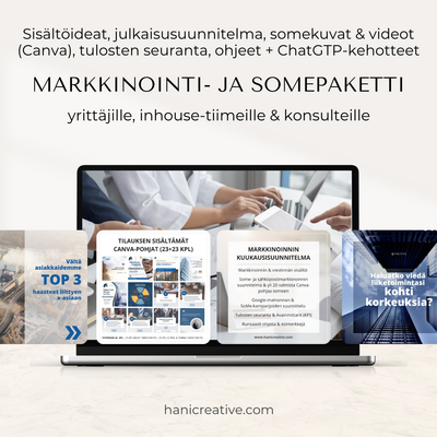 Markkinoinnin suunnitelma, tekoälypromptit & Canva-pohjat someen